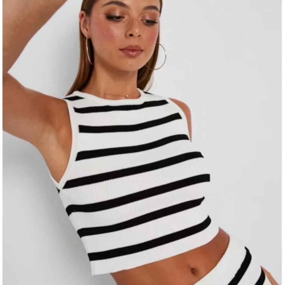 Black and White Striped Halter Neck Crop Top
